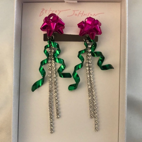 Betsey Johnson Christmas Bow Front Back Drop Earrings Fringe Accents NIB - Picture 6 of 12